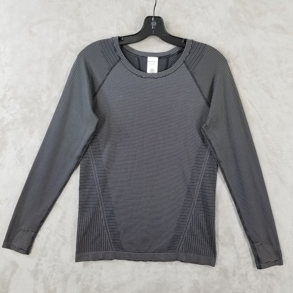 Athleta Momentum Top Womens L Black Striped Long Sleeve Seamless Performance